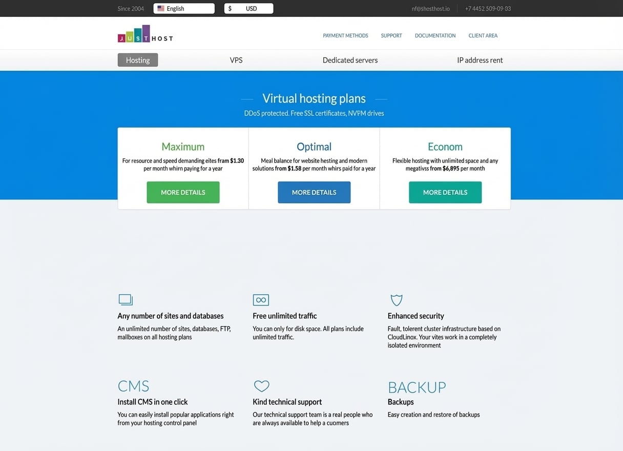 JustHost俄罗斯VPS月付$1.16起 - 52个机房免费一键切换IP,不限流量